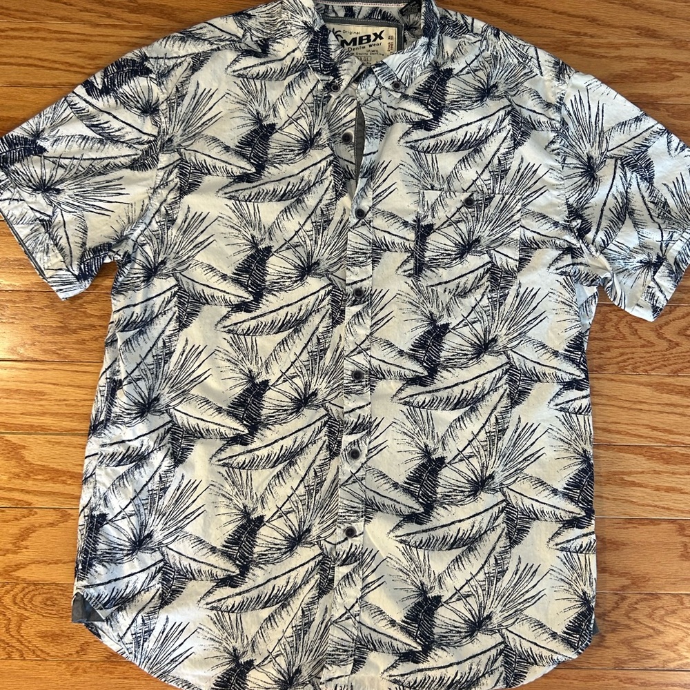Casual Blue and White Button Down Shirt with Tropical Print